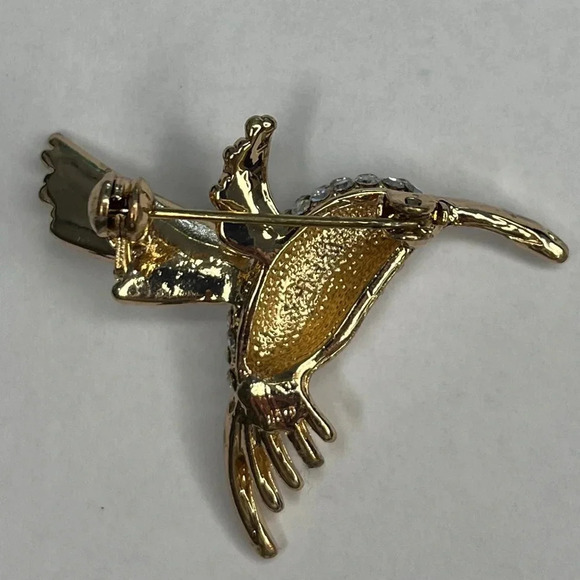 Vintage Hummingbird Pin Rhinestone Body Black Rhinestone Eye 1" Bird In Flight - Picture 3 of 4